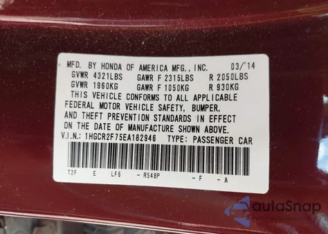 2014 Honda Accord Ex z USA, uszkodzony, nr VIN 1HGCR2F75EA182946